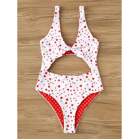 White Heart Print Cut Out Knot One Piece Swimsuit - Picture 3 of 6